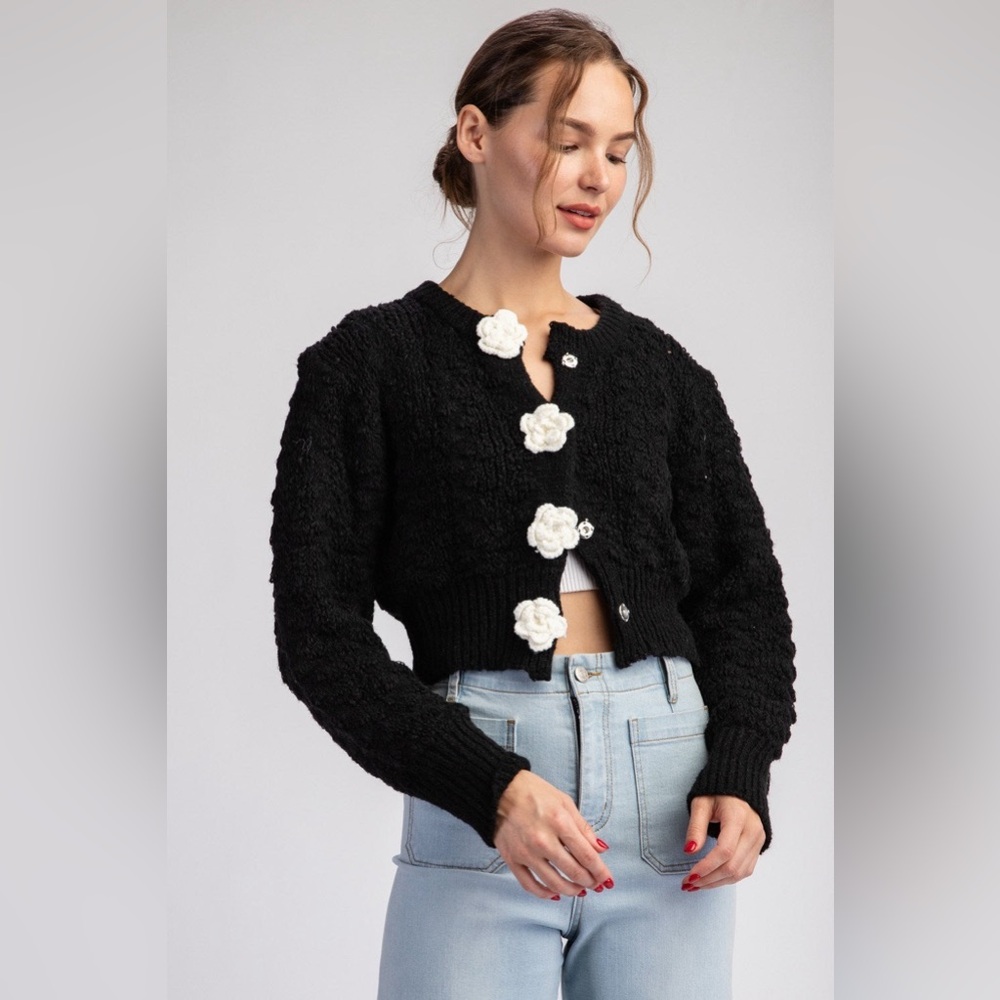 3D Flower Button Cropped Sweater Cardigan - eesome